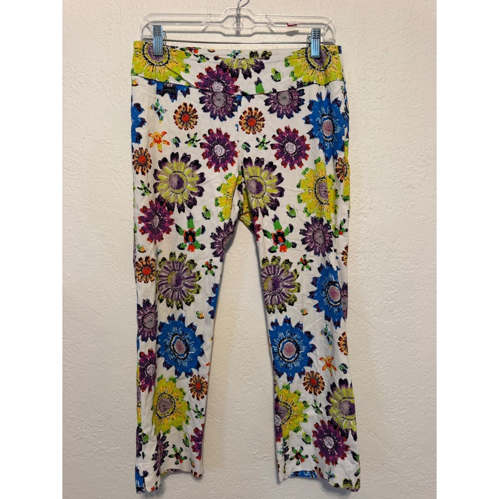 Peck & Peck Floral Pull On Pants Size 4 White Blue Sunflower Ankle Stretch